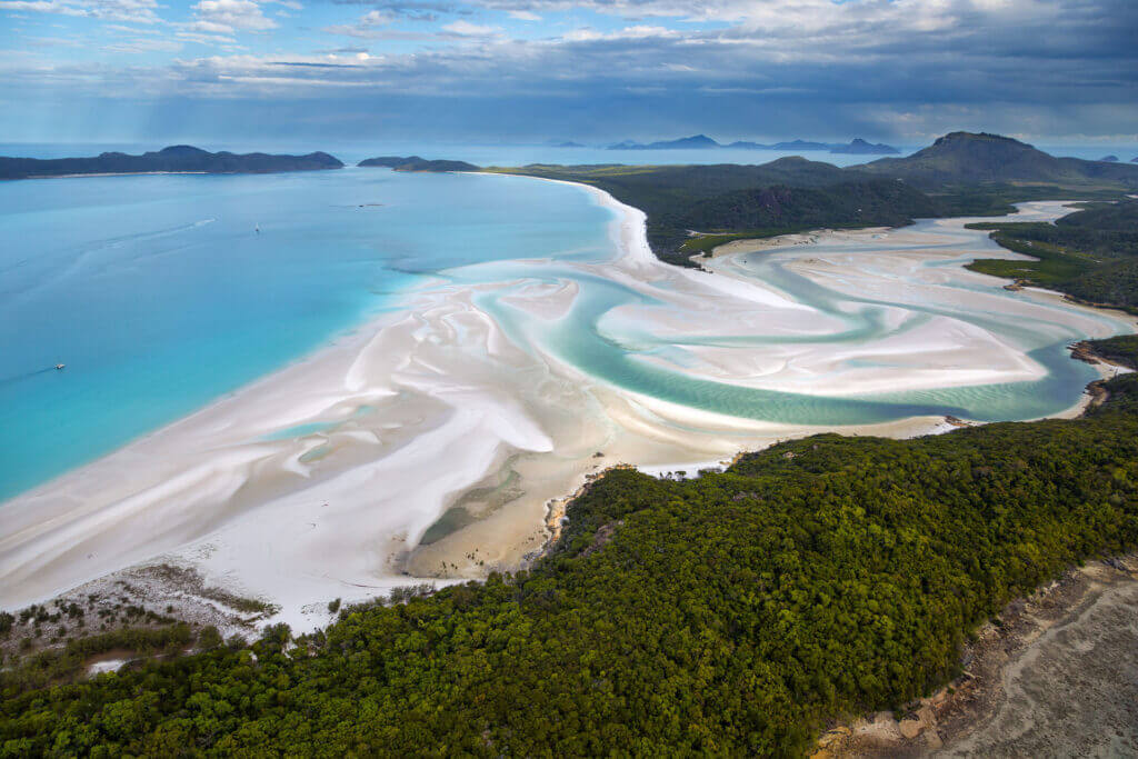 Aerial view of Hill Inlet, Betty's Beach and Whitehaven Beach, Tongue Point, Whitsundays, Queensland, Australia.