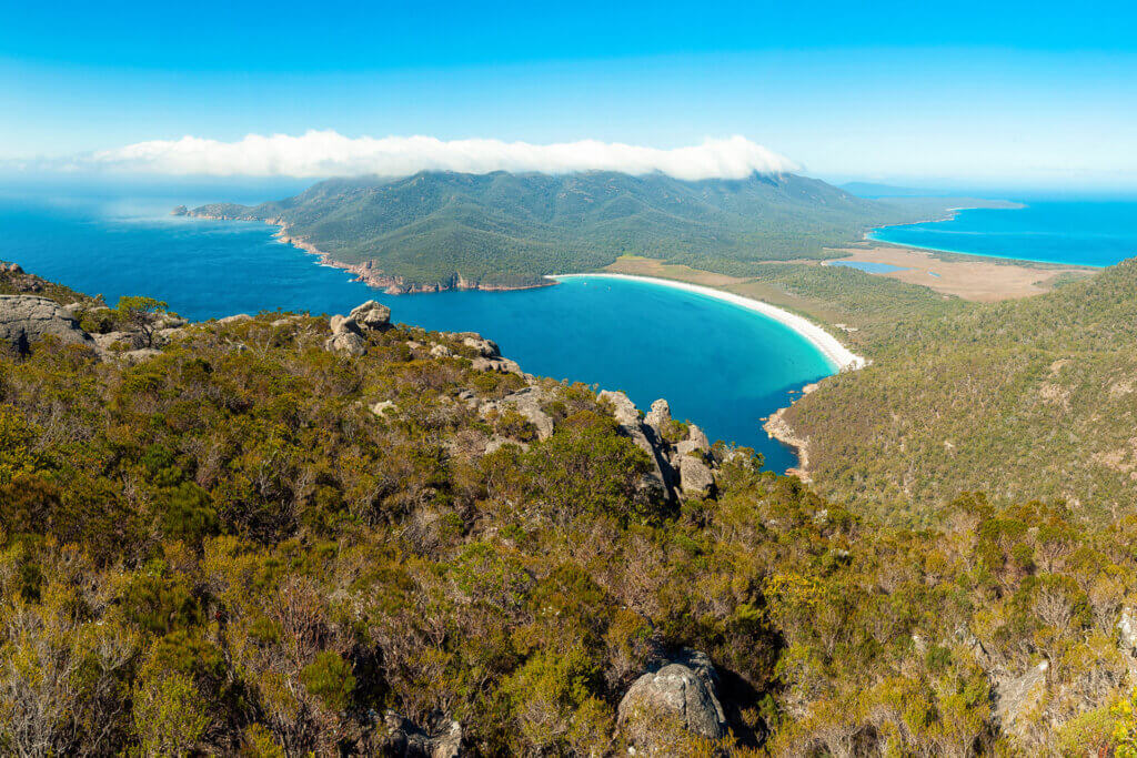 The Hazards and Wineglass Bay, in Freycinet National Park, Tasmania, one of our top five green travel destinations in Australia