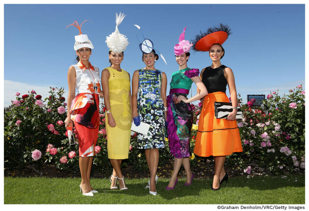 Melbourne Cup dresses: Racegoers pose on Melbourne Cup Day at Flemington Racecourse on November 4, 2014 in Melbourne, Australia.