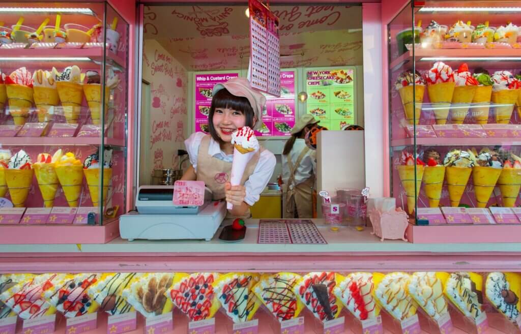 Crape and ice cream vendor at Harajuku's Takeshita street, known for it's Colorful shops and Punk Manga