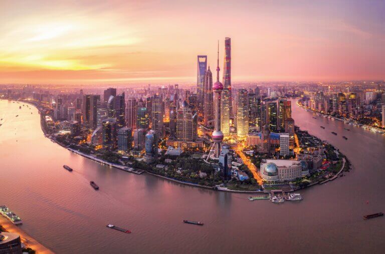 The sun rises over Shanghai, China